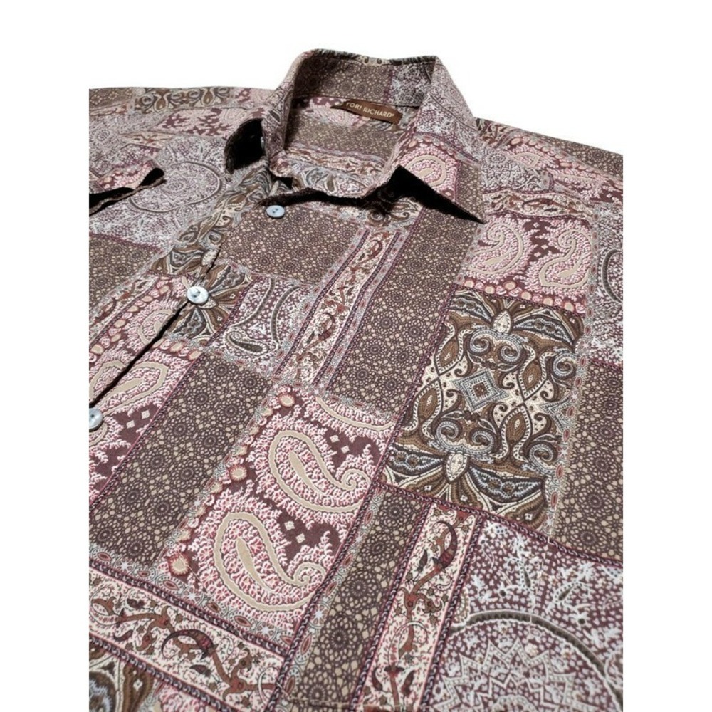 Tori Richard Mens Brown Paisley Patchwork Cotton Lawn Shirt Made in Hawaii M
